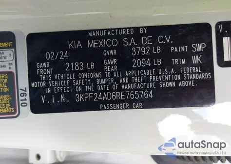 2024 Kia Forte Lxs z USA, uszkodzony, nr VIN 3KPF24AD6RE765764